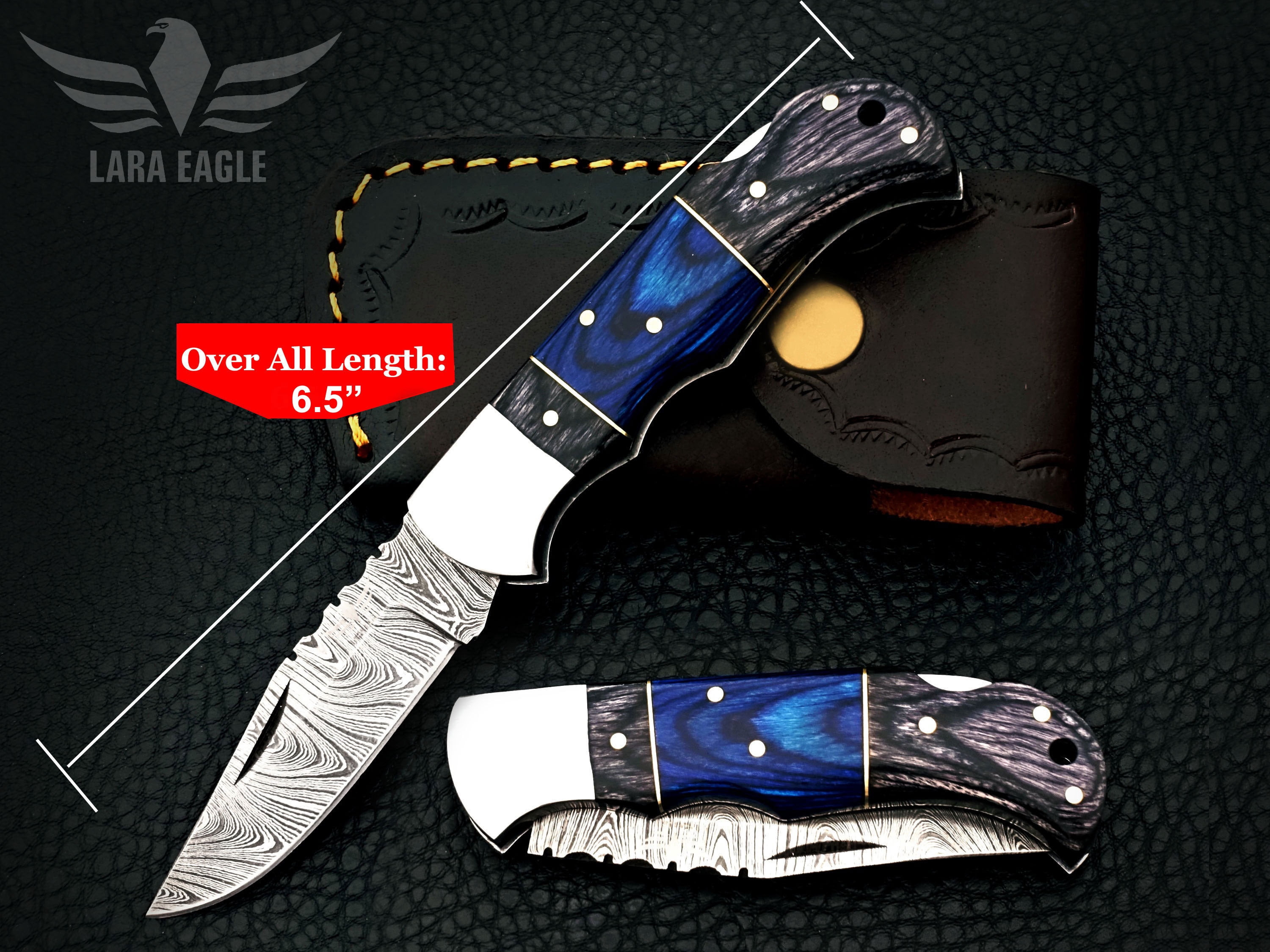 Lara Eagle Damascus Pocket Knife Gray Wooden Handle Handmade Knives with Sharpener and Leather Pouch - 3 inch blade