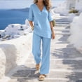 thumbnail image 2 of VBVC Women's 2 Piece Cotton-Linen Outfit Set,3/4 Sleeve Tunic Top and Wide Leg Pants for Women,Ladies V-Neck Breathable Loungewear with Pockets,Light Blue,S-3XL, 2 of 8