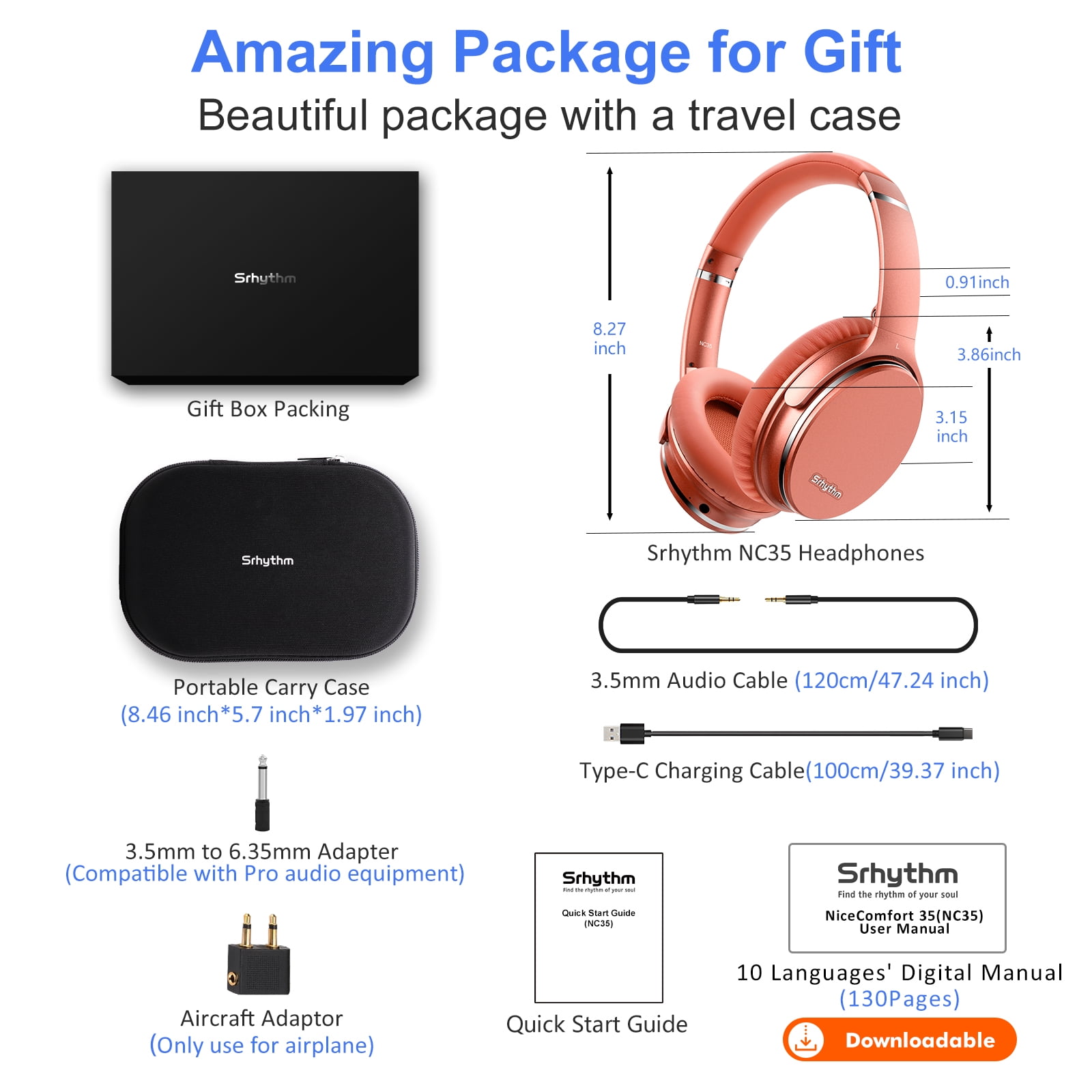 Srhythm NiceComfort 35 Active Noise Cancelling Headphones, Wireless Bluetooth 5.3, 50 Hours Playtime, Fast Charging, over-Ear Design