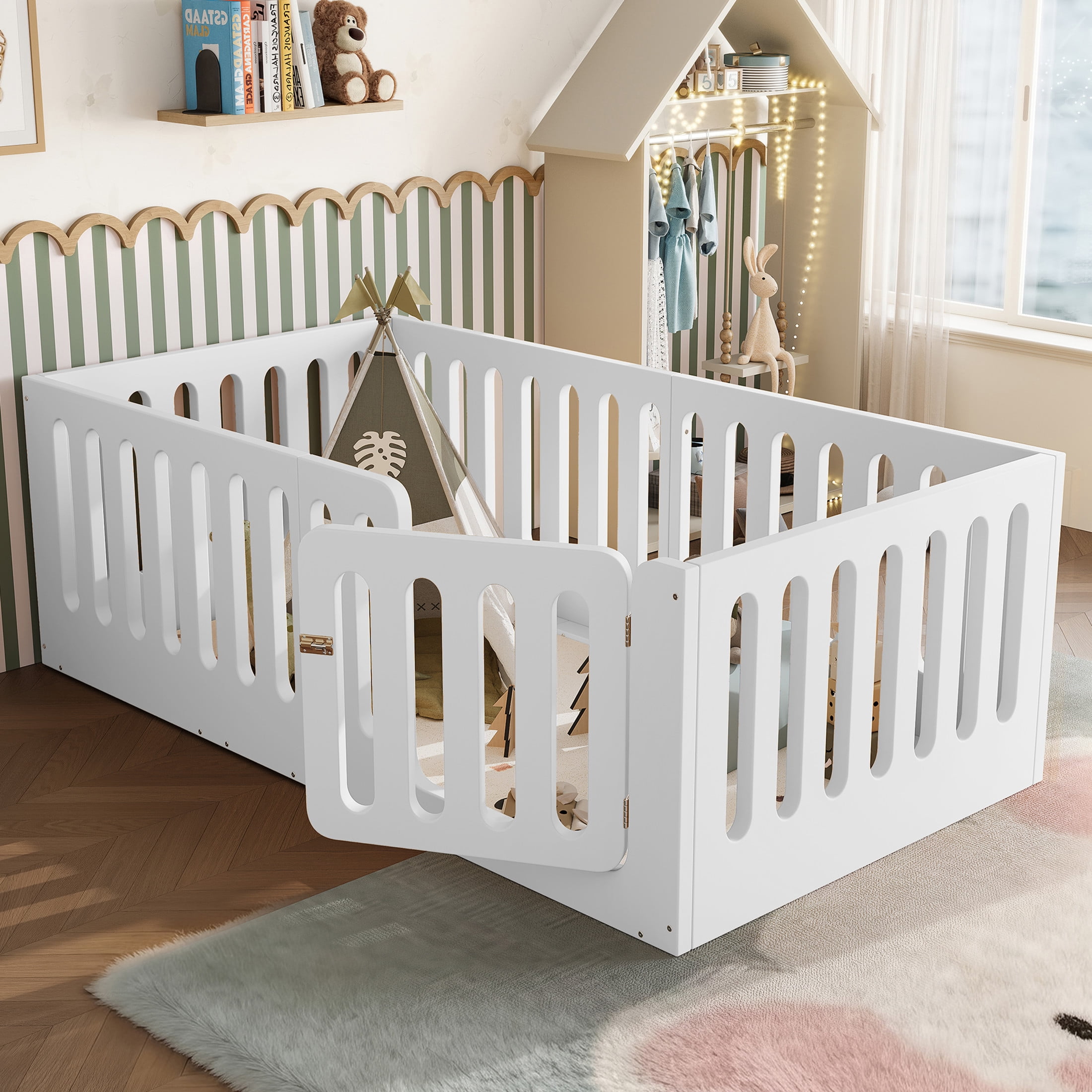 GDF Studio Twin Size Montessori Floor Bed with High Guardrails & Door, Low-Profile Design, White