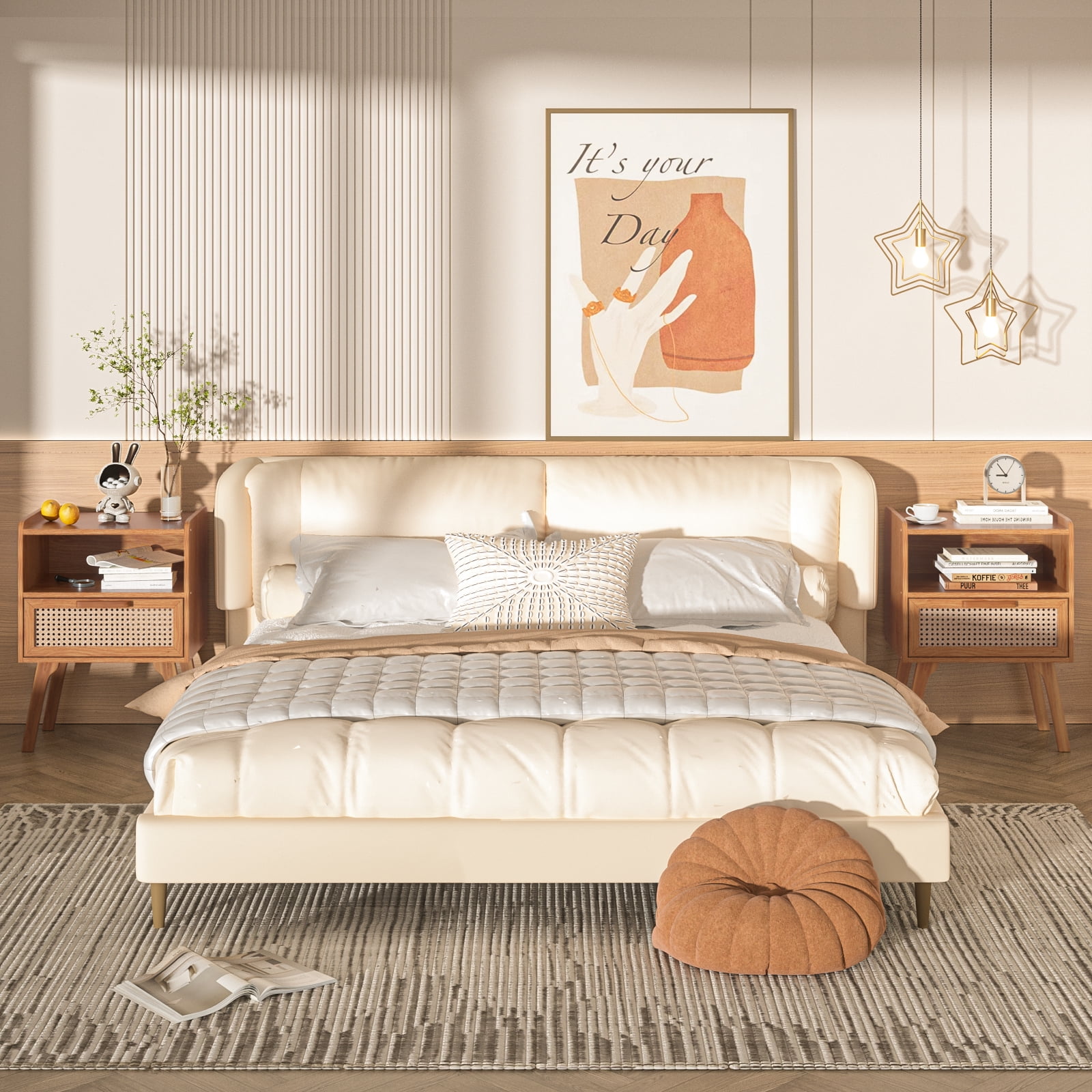 LEYAOYAO 2pc Rattan Nightstand, Modern Wicker Bedside Table with 1 Drawer & Tapered Legs, Boho Tea Color for Small Spaces, Tea Color