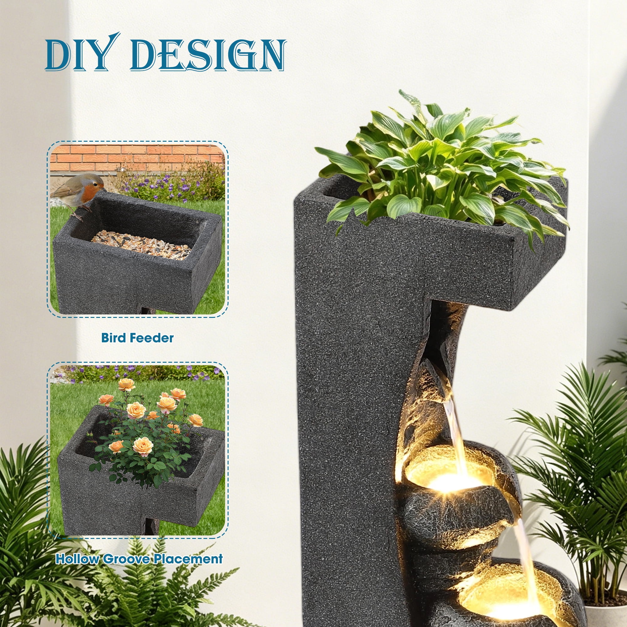 Haverchair 40" H Cascading Rock Water Fountain, 6-Tier Outdoor Garden Waterfall with with Flower Pot and Lights, Indoor Water Feature Fountain for Garden, Patio, Backyard, Porch and Home Art Decor
