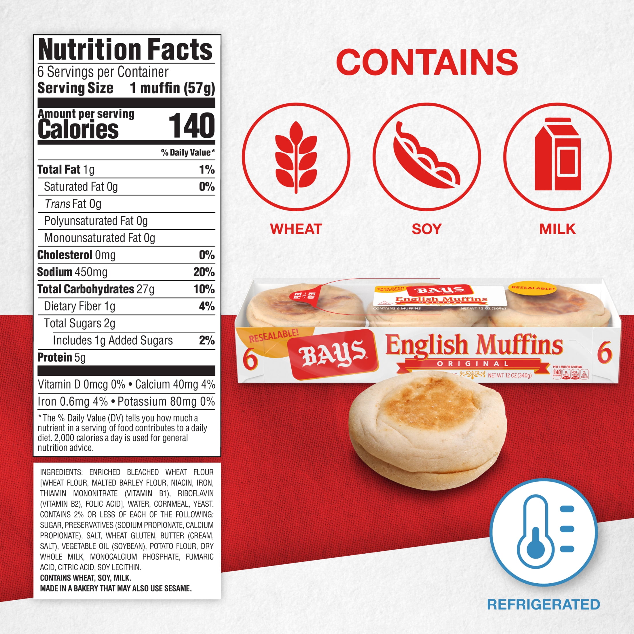 Bays Original English Muffins, 6 count, Kosher Plain Pre-sliced English Muffins, 12 oz Tray