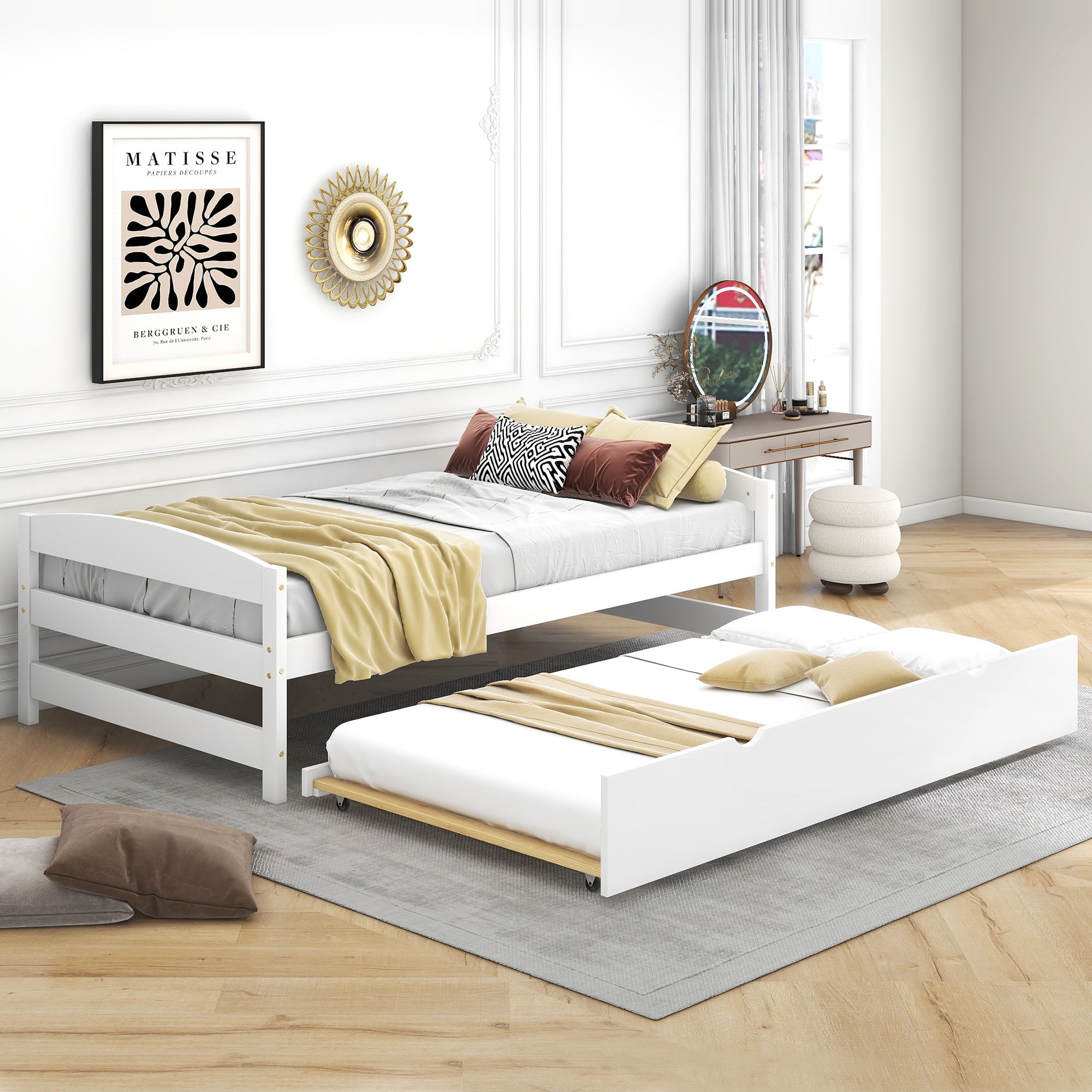 Euroco Twin Size Platform Bed with Trundle, Low Profile Easy Assembly Wood Daybed, White