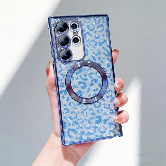 for Samsung Galaxy S23 Ultra Magnetic Case, Leopard Pattern Plating Phone Case, Compatible with Mag-Safe, Bling Sparkly Military Grade Drop Protection Cover for Samsung Galaxy S23 Ultra, Blue
