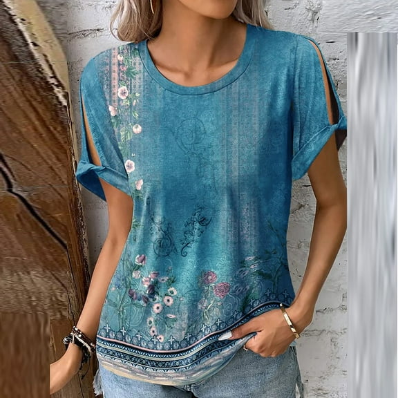 up to 60% off Gifts Usmixi Shirts for Women Plus Size Cold Shoulder Vintage Graphics Tunic Tops Tees Summer Trendy Floral Print Short Sleeve Round Neck Ladies Blouses Blue XXL