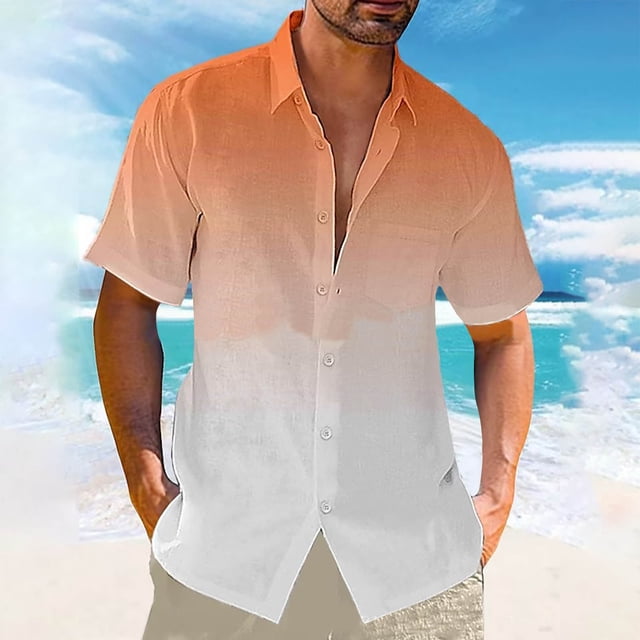 Weiqiqre Mens T-shirt Gradient Shirt Linen Short Sleeved Lapel Pocket Beach Casual Cardigan Bottom Shirt Blouse For Summer Sport Soccer, and Daily Casual Wear