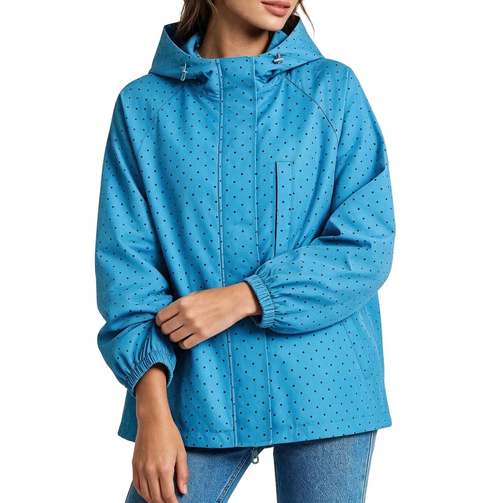 Mittory Women Dot Print Hooded Rain Jacket Long Sleeve Drawstring Cuff Casual Lightweight Waterproof Outerwear