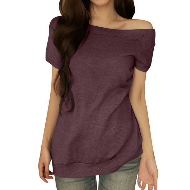 Blusa de manga corta con hombros descubiertos para mujer - Camiseta informal de verano de color liso