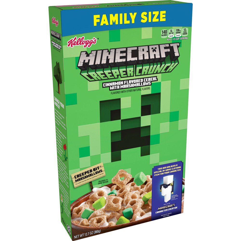 Kellogg's Minecraft Creeper Crunch, Breakfast Cereal, Cinnamon with Marshmallows, Family Size