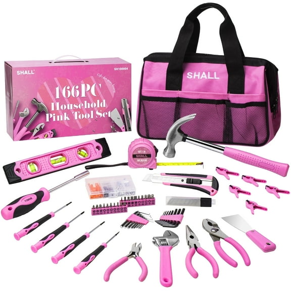 SHALL Pink Tool Set for Women, 166pcs Home Tool Kit with 12" Large Tool Bag Organizer