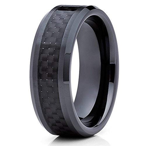 Silly Kings Jewelry Black Ceramic Wedding Band 8mm Ceramic Ring Beveled Edges Black Carbon Fiber Inlay Comfort Fit (6)