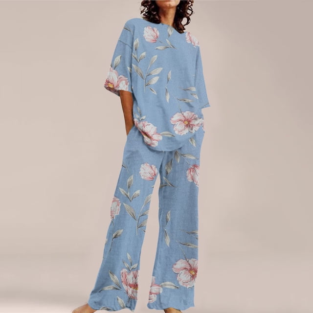 Ensembles de Pyjama pour Femmes Adapté Été Col Rond Manches Courtes Imprimé Floral Haut Chemise avec Pantalon Grande Taille 2 Ensemble TTG