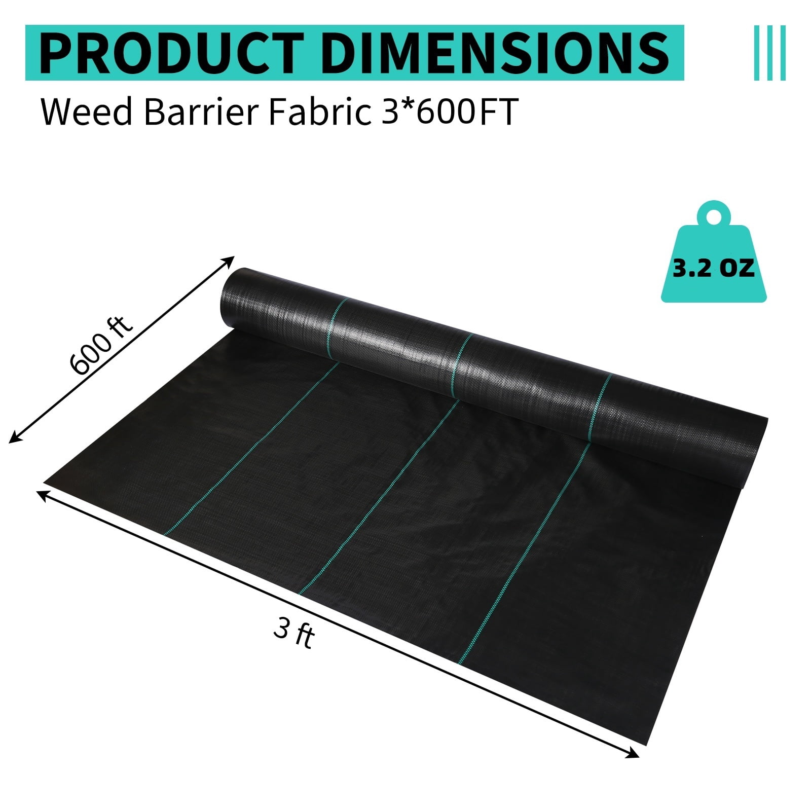 3x600 FT Weed Barrier Landscape Fabric, Heavy Duty Weed Block Fabric, Weather-Proof Ground Cover, Easy Setup Woven Driveway Garden Cloth for Greenhouse, Yard, Flower Bed, 3.2oz