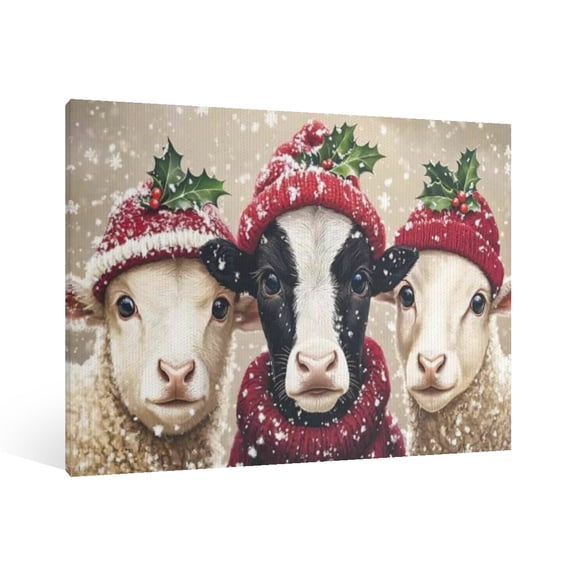 Vintage Christmas Highland Cow Wall Art Paint - Xmas Festive Winter Holiday Christmas Wall Decor Canvas for Living Room Kitchen Bathroom Home Decor Framed