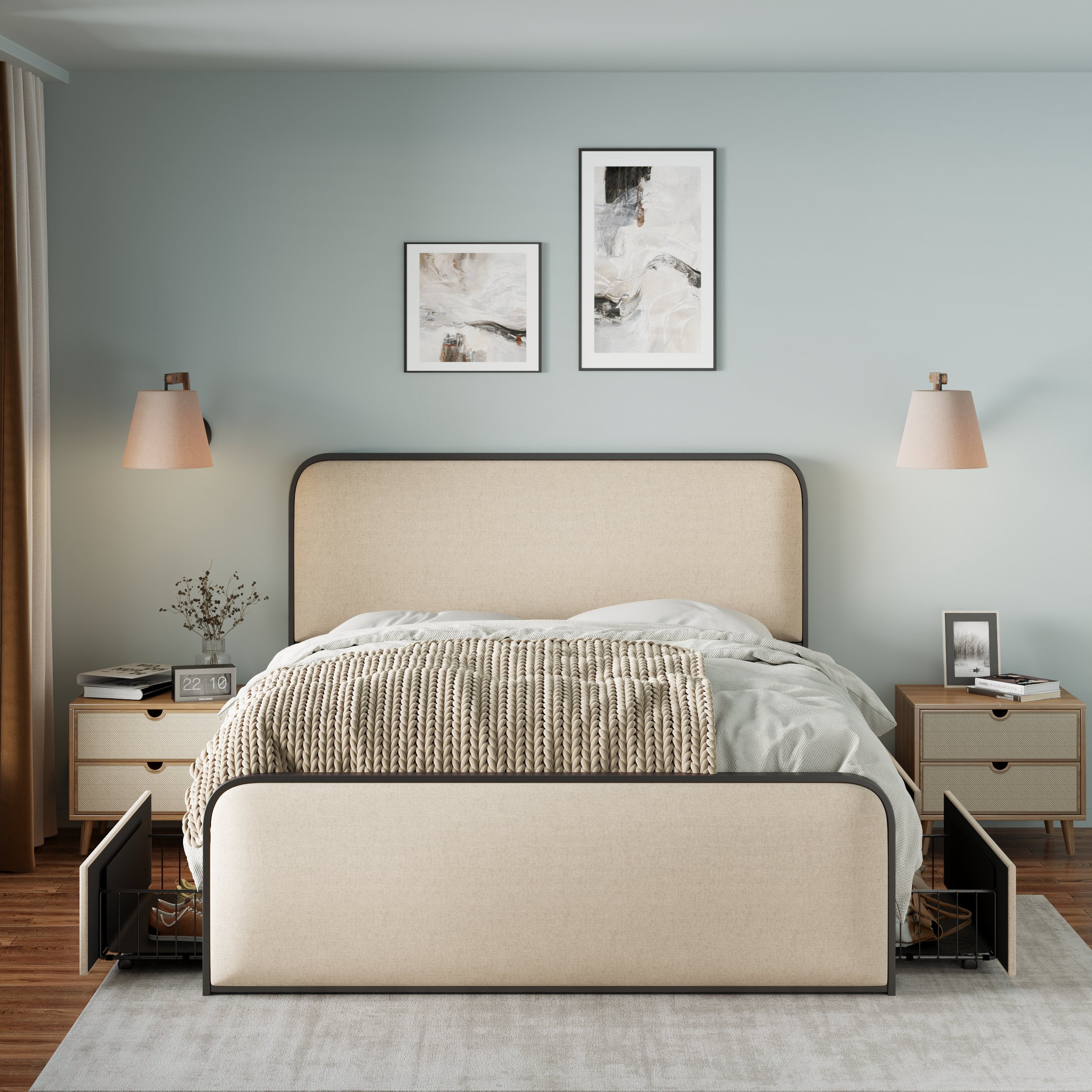 MAYEERTY King Metal Bed Frame Curved Upholstered Headboard 4 Drawers for Bedroom Beige