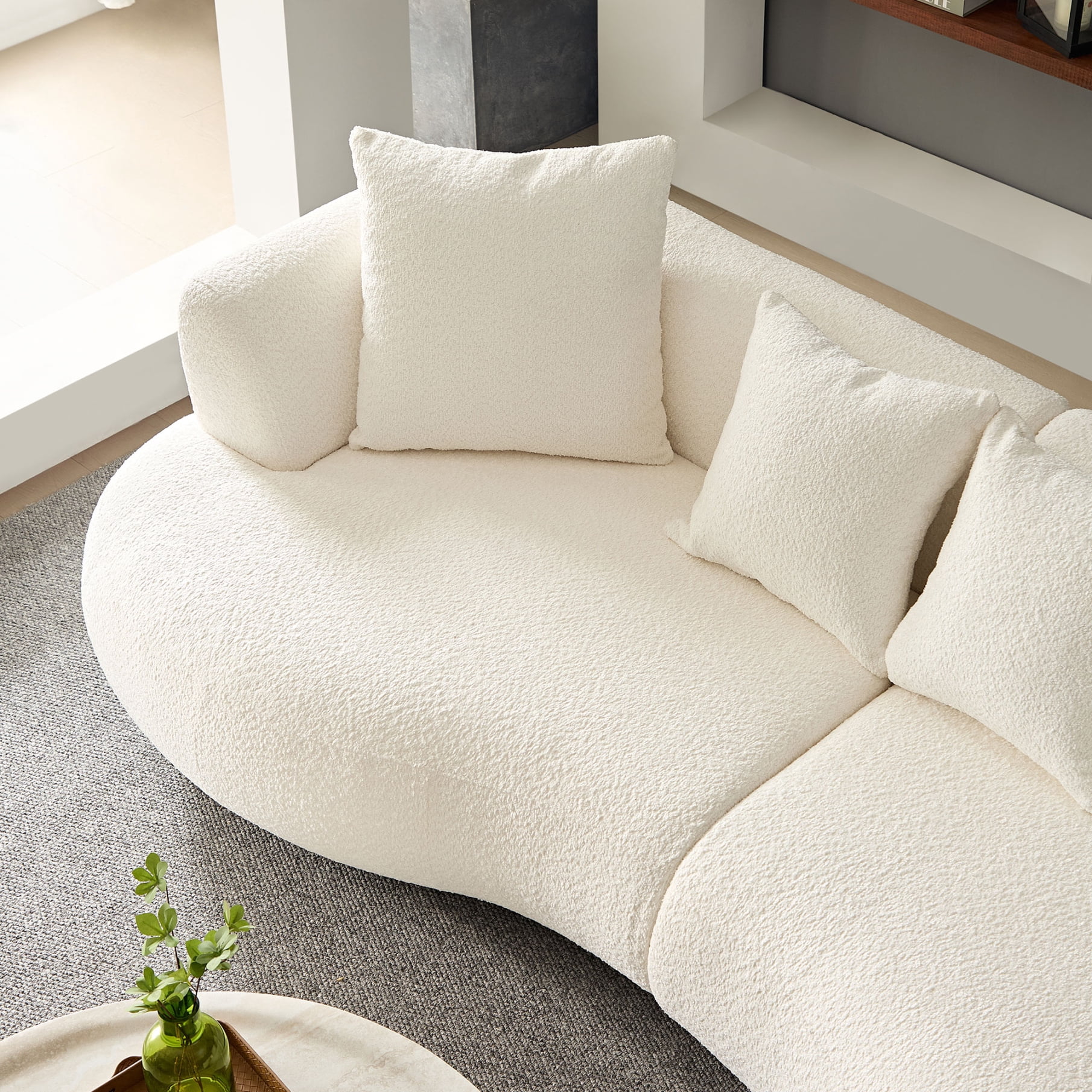 102" Curved Couch Modular Sectional Sofa, Minimalist Style Comfy Couch with 4 Pillows, Upholstered 4-Seat Sofa Boucle for Living Room, Bedroom, Apartment, White