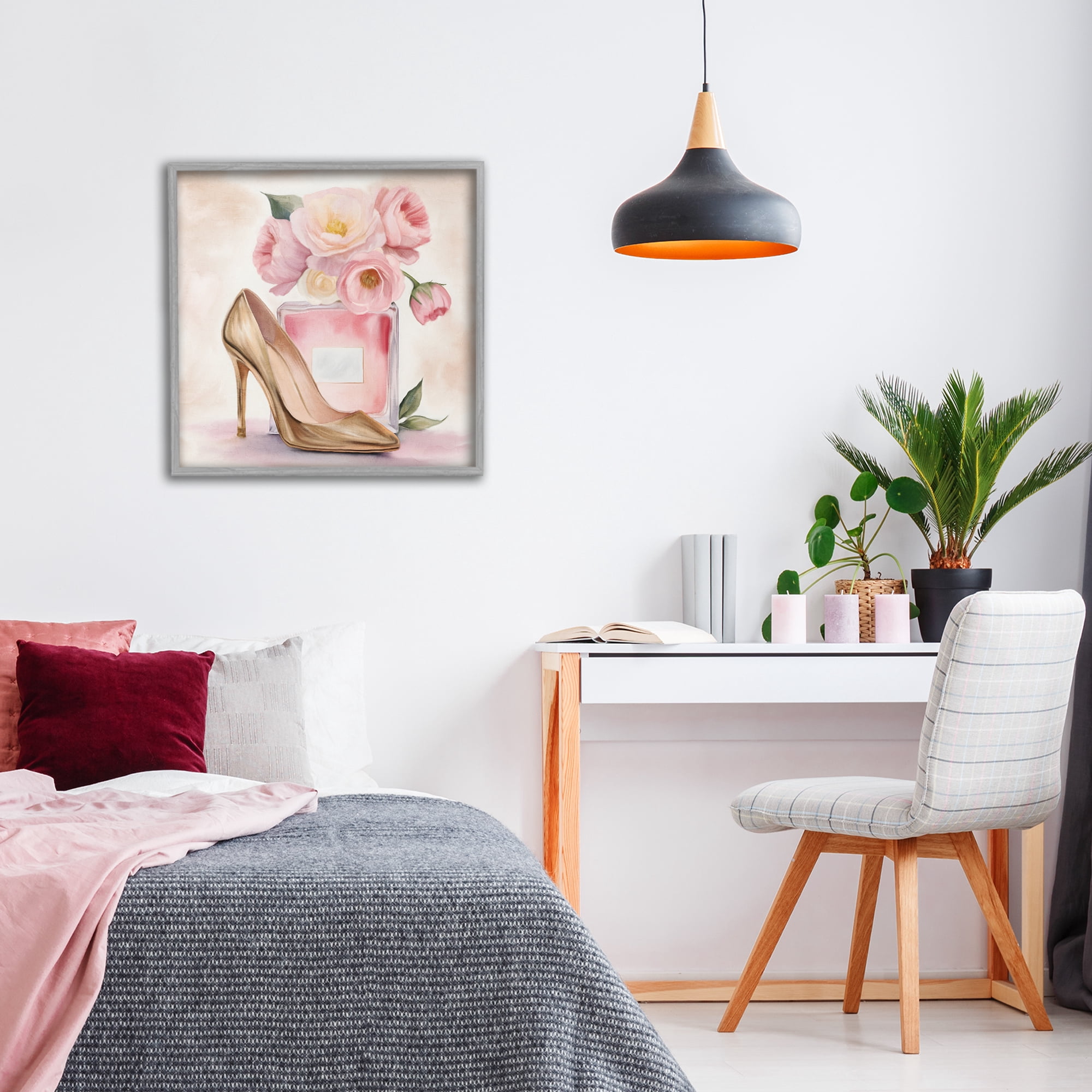 Stupell Industries Pink Beauty Heel & Flowers Gray Framed Giclee Art, design by Kim Allen