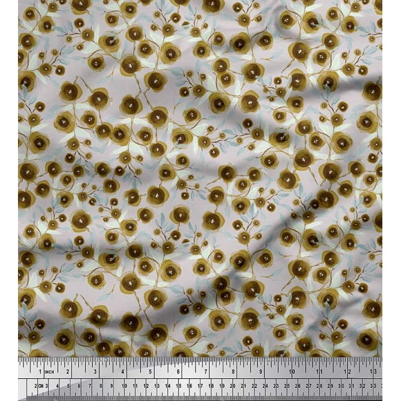 Soimoi Cotton Duck Fabric Flower & Leaves Watercolor Print Fabric by Yard 56 Inch Wide