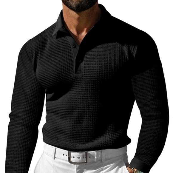 Blusas y camisas de manga larga con cuello en V para hombre, camisa de golf de vacaciones de color liso, blusas de manga larga con botones y solapa, blusas de poliéster para hombre