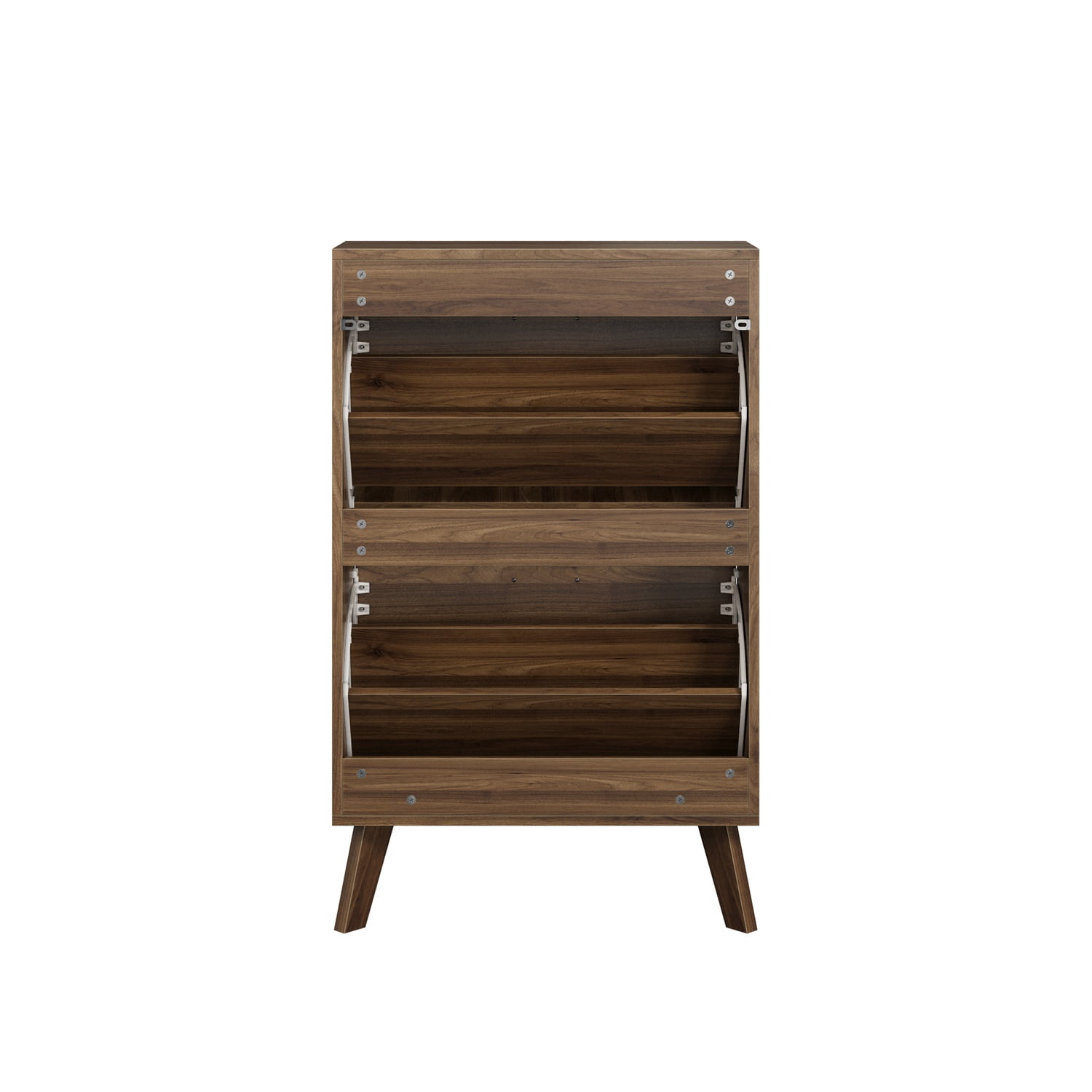 Hommoo 23.6-inch Wood Flip-Top Shoe Cabinet, Mid-Century Modern Slim Entryway Storage with Dual Tilt-Out Compartments & Open Shelf, Walnut