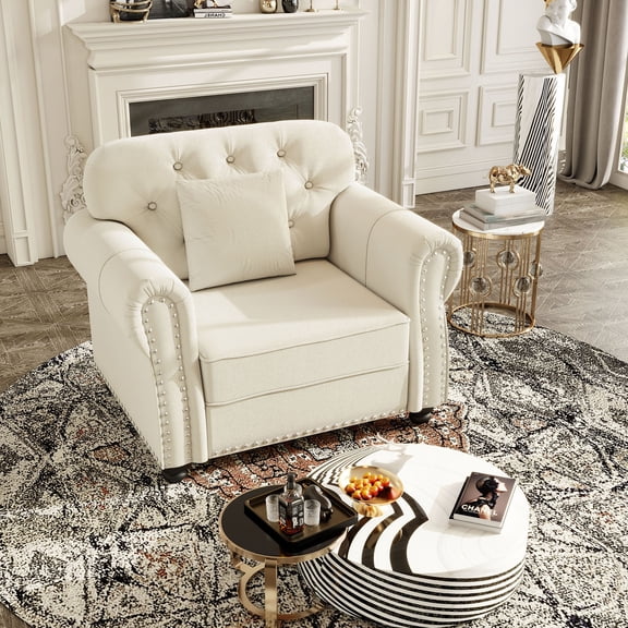 S-HOME Upholstered Velvet Sofa in 41.3 Inch Mid-Century Chesterfield Style with Rolled Armrests and Pillow