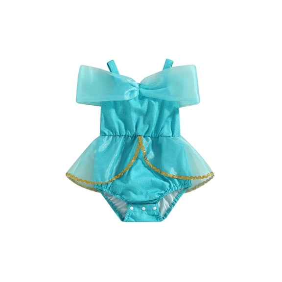 Cjfdfy Toddlers Baby Girl Arabian Princess Costume Outfit Blue Tulle Romper Newborn Baby Girls Halloween Birthday Cosplay Party Carnival Clothes Short Sleeve Off-Shoulder Jumpsuit Playsuit