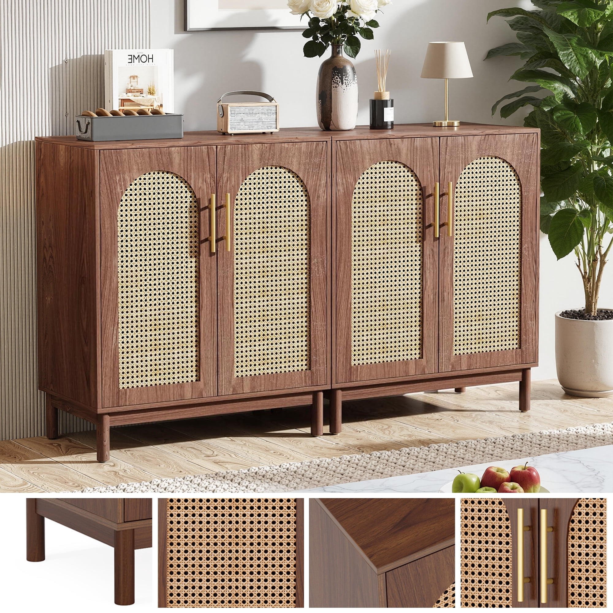 MAYEERTY Set of 2 Rattan Sideboard Buffet Cabinet, Handmade Natural Rattan Door Storage Credenza, MDF Wood Coffee Bar TV Console for Dining Living Room