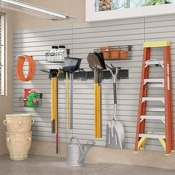 Garage Storage Rack Hooks, 48 Inch Heavy Duty Wall Mount with 3 Rails & 6 Adjustable Double Hooks for Tools, Brooms, Mops, Garden
