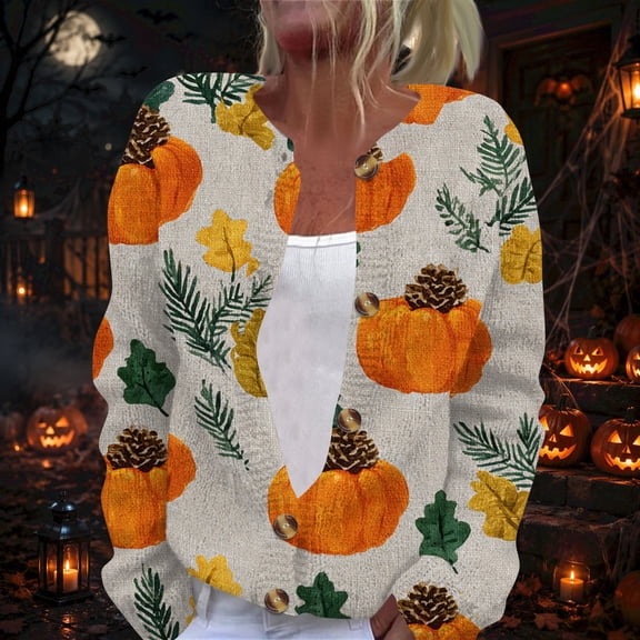 Playzo Women's Cardigan V-Neck Long Sleeve Sweater with Halloween Print Cozy Lightweight Outerwear for Everyday Wear Weekend Lounging and Holiday Parties Orange_#4766
