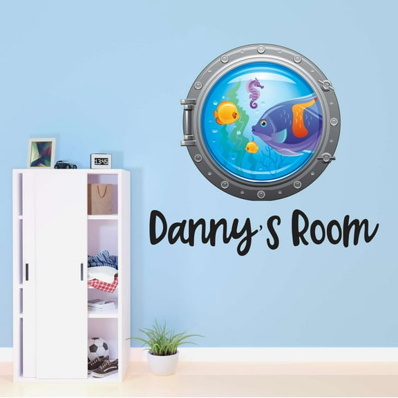 Children Cute Cartoon Wall Decal Decoration Beautiful Sea horse and tropical fishes Porthole Lasts Years and Easily Removable - Size: 20 In(W) x 18 In(H)