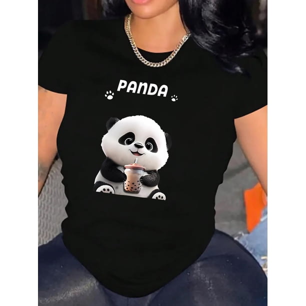 1pc Cute Panda Print T-Shirt for Women, Casual Crew Neck Short Sleeve Top, Fashion Trendy Knit Polyester, Medium Stretch Animal Pattern Tee, Comfortable All-Season Summer Shirt