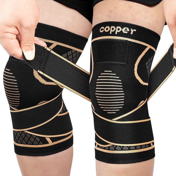 Unisex Copper Knee Braces, 2-Pack: Compression Knee Sleeves with Straps for Meniscus Tears and Joint Pain—Sports-Specific Knee Support Braces [XL]