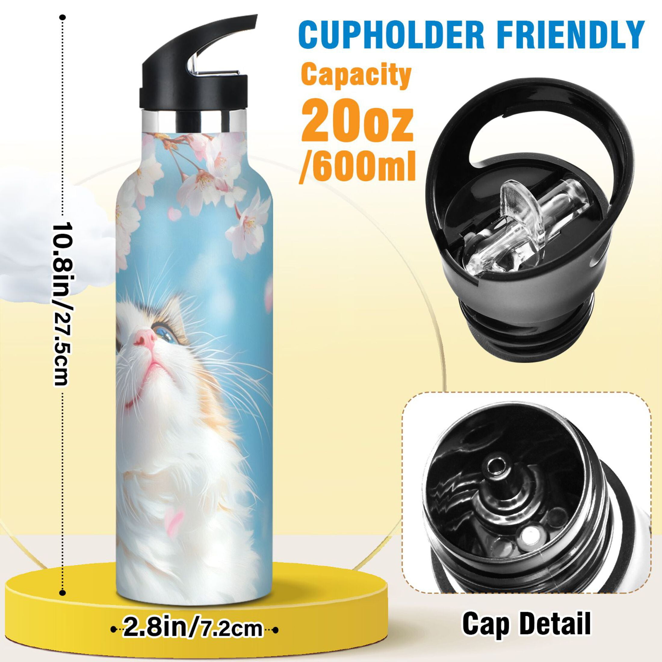 600ML Stainless Steel Insulated Cup Sports Water Bottle Portable Thermos Cup Water Glasses Insulated Tumblers Convenient and Durable Cherry Blossom White Cat