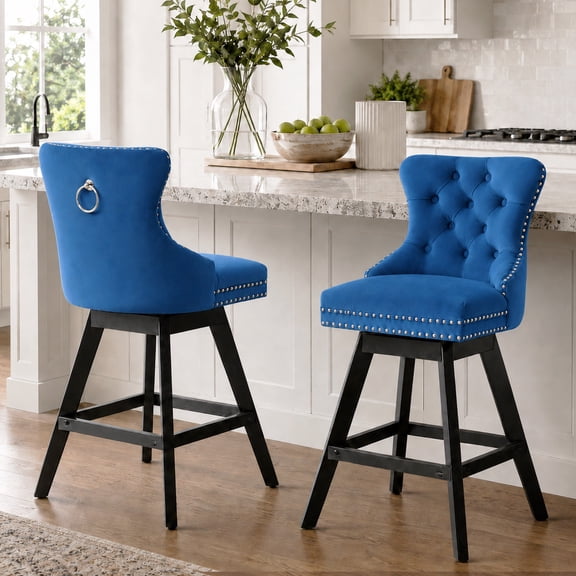Swivel Counter Height Bar Stools Set of 2, LEGAHOME Farmhouse Velvet Bar Stools with Back for 34–38" Kitchen Island, Armless Wooden Bar Chairs for Home Bar, Blue (Set of 2)