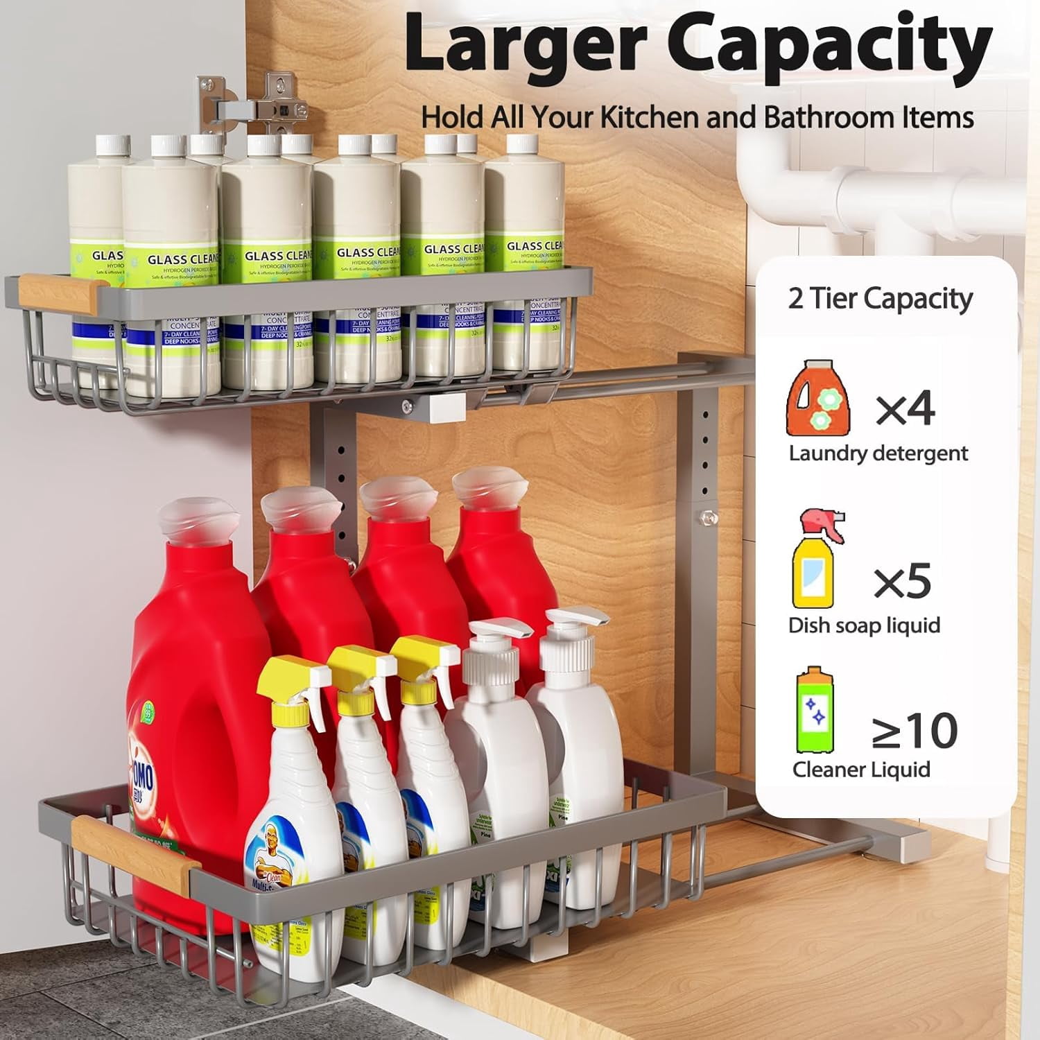 Under Sink Organizer Storage 2 Pack, 2 Tier Slide Out Height Adjustable Pull Out Cabinet Organizer Drawer for Kitchen Bathroom Large Under Sink Shelf Rack Caddy Grey