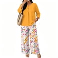 thumbnail image 5 of Women’s Casual Printed Two Piece Outfit Button Down Three Quarter Sleeve Top and Wide Leg Long Pants Set for Daily Wear, 5 of 7