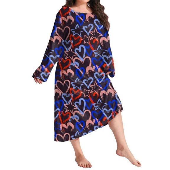 ZHENHONG Nightgowns for Women, Large Loose Long Sleeve Butterfly Print Drop Shoulder Long Sleeping Dress, Women's Sleepwear Blue
