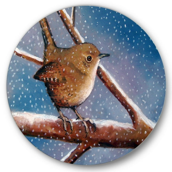 Designart 'Wren Bird On Branch In Winter' Farmhouse Circle Metal Wall Art 36x36 - Disc of 36