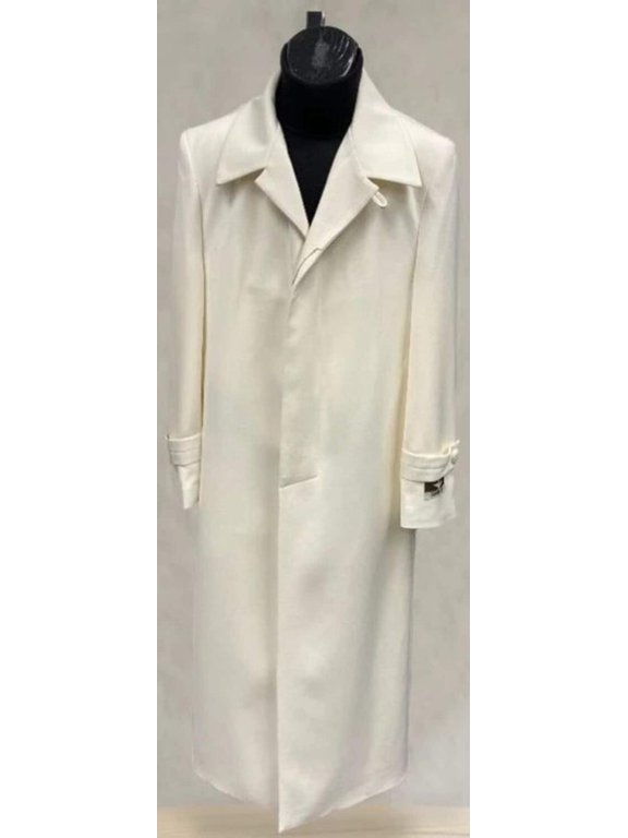 Mens Full Length 53 inch Long Top Coat - Single Breasted - Microfiber Fabric Off White