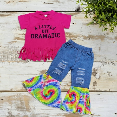 

XMMSWDLA Toddler Girl Clothes Deals Clearance Baby Girls Fashion Cute Letter Colorful Print Tassel Short Sleeve Flared Pants Suit
