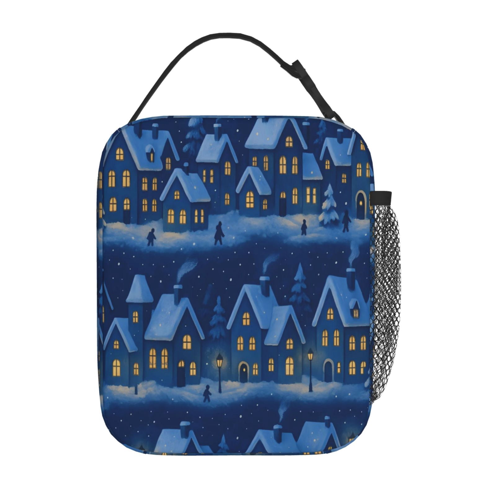 Lunch Bag For Women Men Insulated Portable Lunch Box Bento Box Office Picnic Travel Cooler Bag Magical Christmas Village Night Pattern