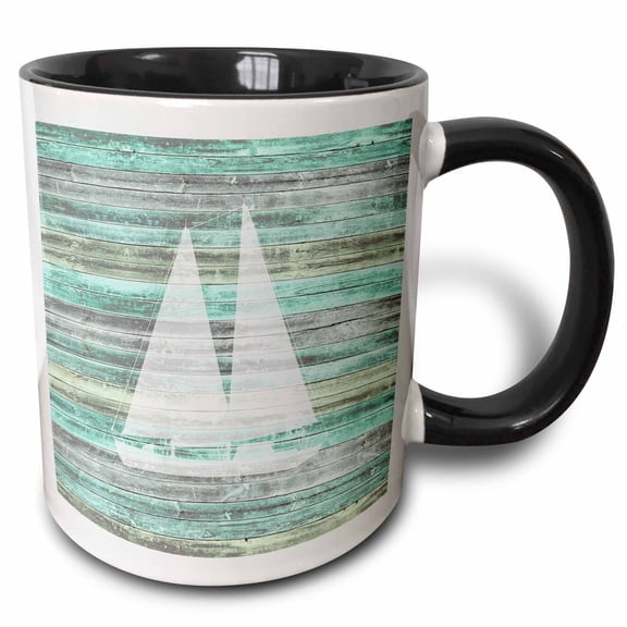 3drose, a Rustic Weathered Coastal and Nautical Sailboat for Beach Decor., 15oz Two-tone Black Mug