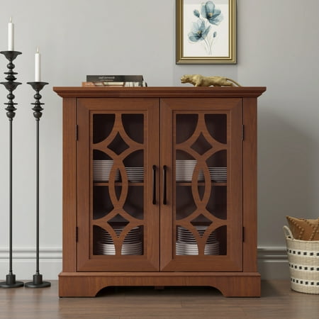 iooHug Spacious size sideboard 2 clear tempered glass doors buffet with adjustable shelf, MDF with dark OAK decorative laminates storage cabinet for dinning room, kitchen,living room