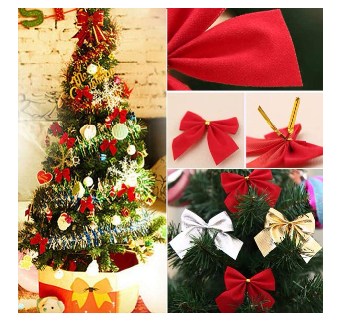 Wakauto 12pcs Christmas Tree Hanging Decorations Sweet Ribbon Bows Mini Bowknot Craft Gift Xmas Ornament Golden 