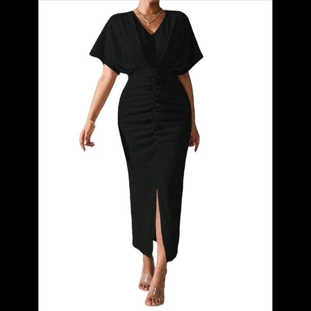 Vestido de Cóctel para Mujer, con Efecto Metalizado, Cruzado, Color Liso, Escote en V, Plisado, Abertura Alta, Corta, Midi, Negro, Talla M