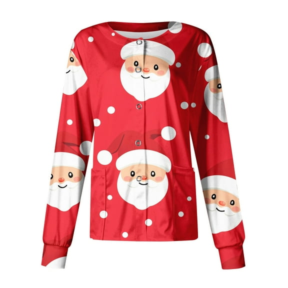 Garbnen Christmas Nurse Jackets for Women Scrub Long Sleeve Snap Front Nurse Working Uniforms Fitted Scrub Tops Women Stretchy with Pockets