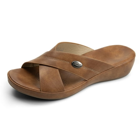 Image of Ablanczoom Women s Wedge Sandals Comfortable Soft Leather Platform Shoes Summer Outdoor Cross-Strap Slide Sandal Female Adult