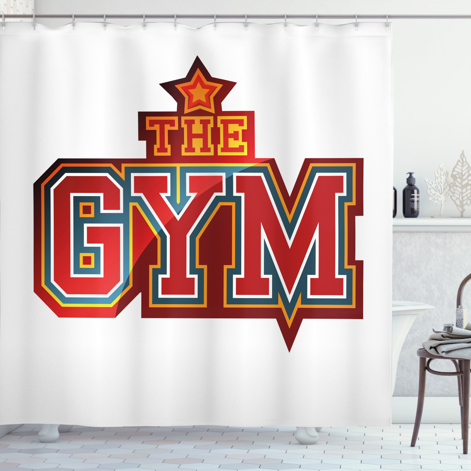 Fitness Shower Curtain, Vibrant The Gym Sign with Star Figure Workout