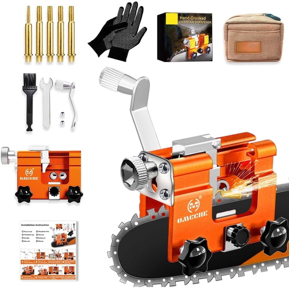 Portable Chainsaw Sharpener Jig Kit, Hand Crank Chain Saw Sharpening Tool with 5 Sharpening Burrs & Carry Bag for Electric Chain Saw, Gardening & Logging Accessories